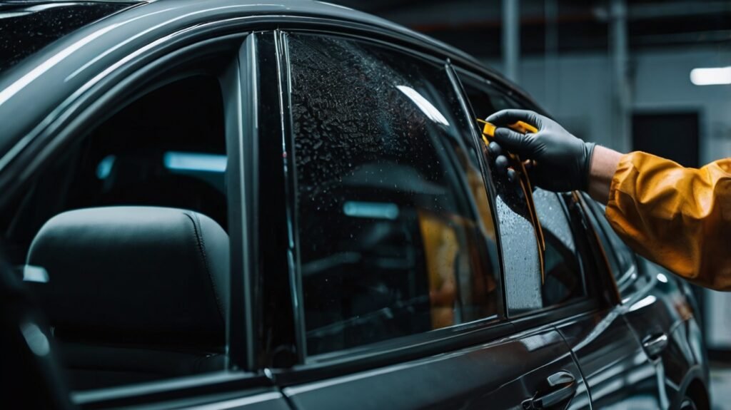 Técnico especializado aplicando película automotiva em carro sedan durante instalação profissional na Baratão Sound Car