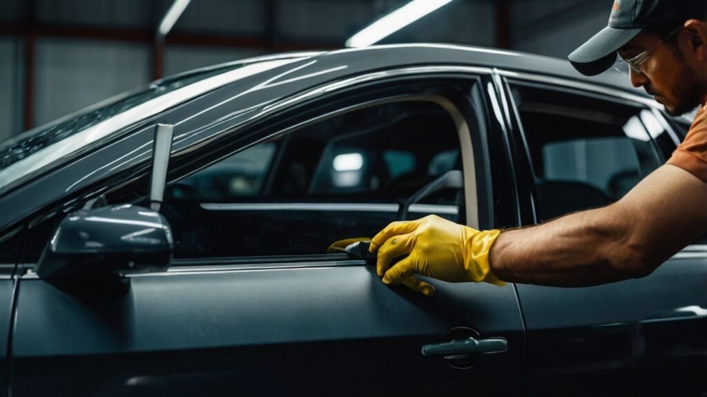 Técnico especializado instalando película automotiva em veículo na oficina Baratão Sound Car em Brasília